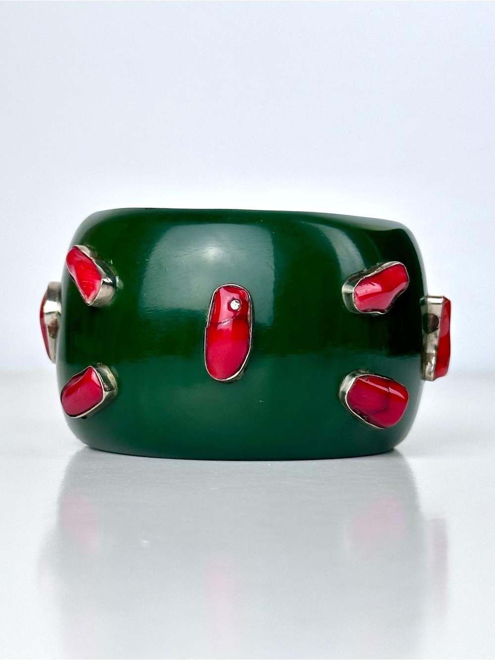 Massive Green Resin & Red Coral Sterling Silver Statement Cuff Bracelet - Picture 4 of 12